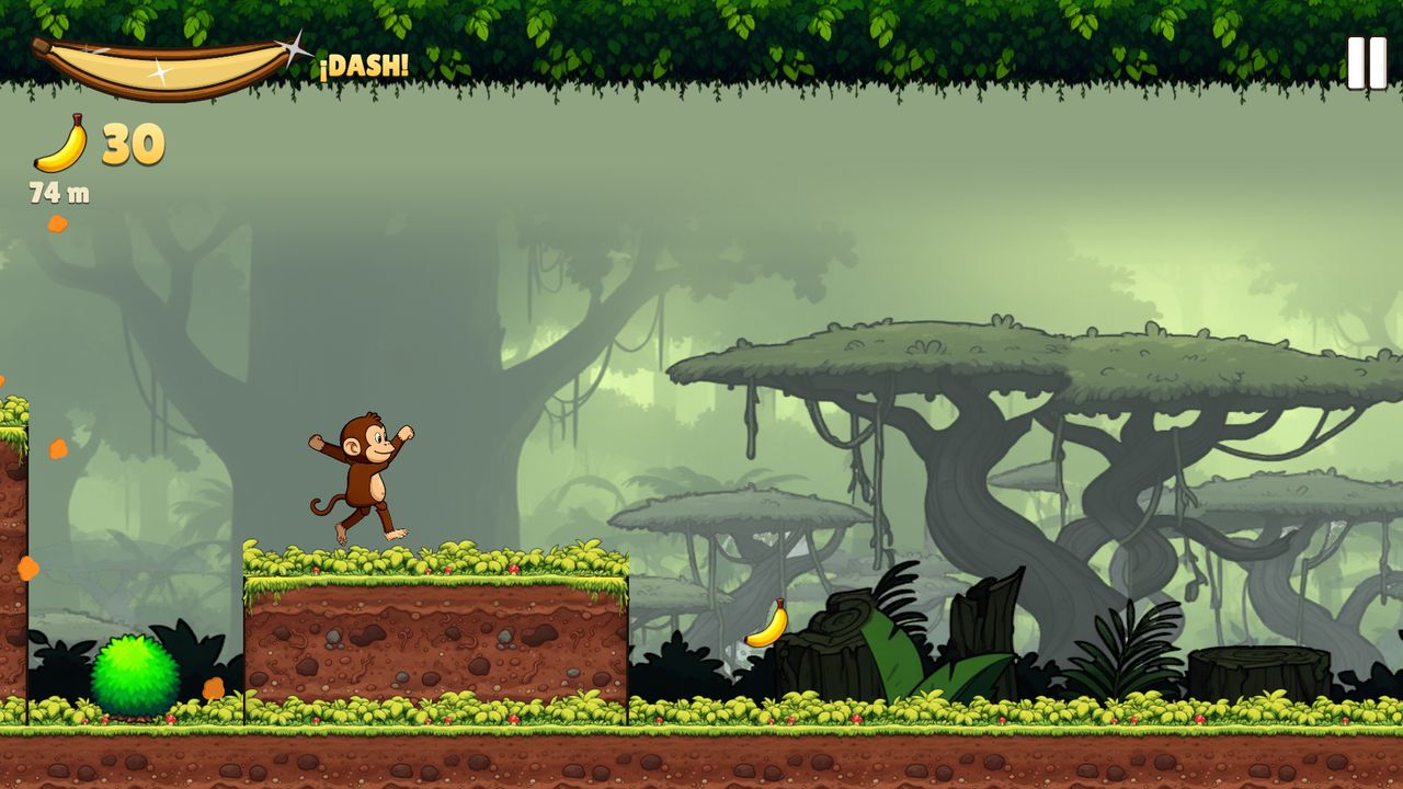 Turbo Monkey screenshot: the monkey jumps onto a block of earth in the jungle