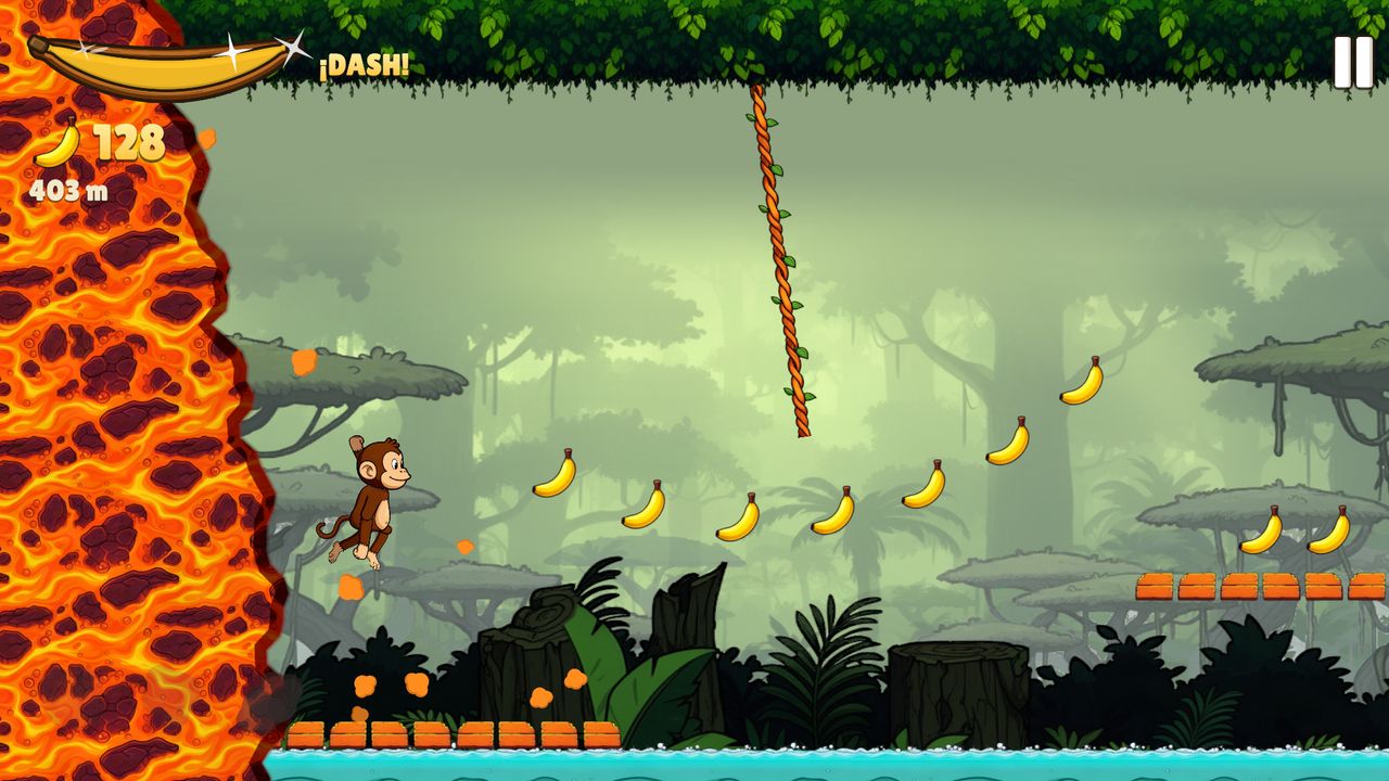 Turbo Monkey screenshot: the monkey leaps towards a vine over a row of bananas